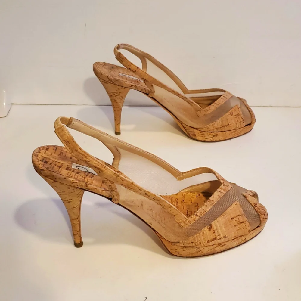 Oscar de la Renta Cork Mesh Slingback Peeptoe Heels Size 9 - Picture 2 of 12
